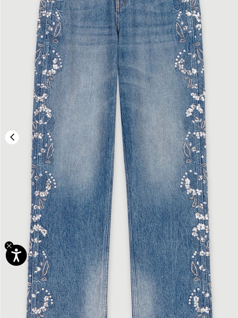 Maje Blue Denim Wide-Leg Jeans with Floral Sequin Embroidery